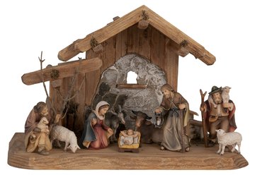 Hüttenstall mit Orig. Bethlehem Krippe 10 Figuren SA27813 (8 cm, lasiert)