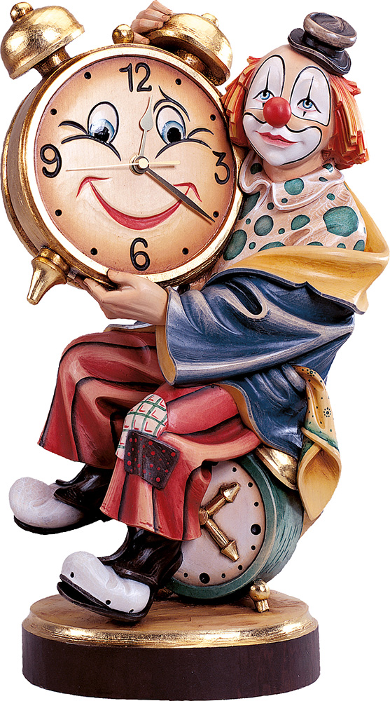 Clown with real clock - woodcarving shop Demetz Patrick
