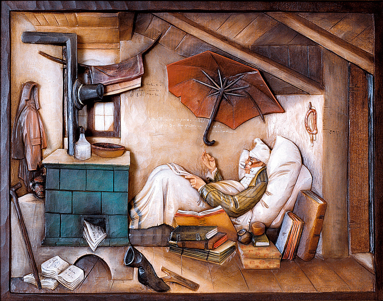 The poor poet (Spitzweg) Woodcarving, nativity and chess set in wood - Italy - Val Gardena - Demetz Patrick The poor poet (Spitzweg) Woodcarving, nativity and chess set in wood - Italy - Val Gardena - Demetz Patrick