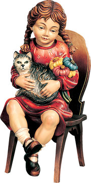Ragazza seduta con gattino e fiori su sedia K01018s (12 cm, colore)