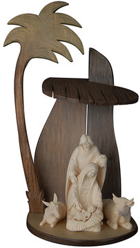 Familiengruppe Ochs - Esel mit Stall und Palme K01511S (10 cm, lasiert)