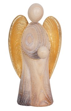 Angelo Custode Con Bambino In Legno Val Gardena - Scultura Dipinta A Mano Stile Moderno - 14 Cm