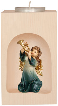 Teelichthalter mit Engel mit Horn SA53809 (13 cm, lasiert)