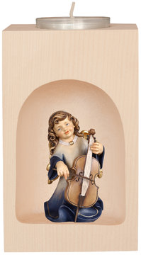 Teelichthalter mit Engel mit Cello in der Nische SA53919 (13 cm, lasiert)