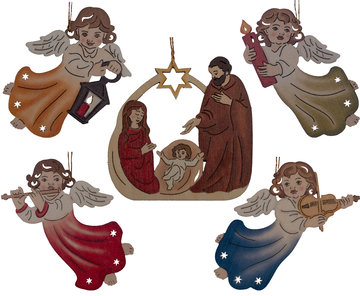 Laser Set mit 4 beidseitig bemalten Engeln und Fam SA9621 (8 cm, lasiert)