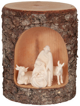 Baumstamm mit Familie Ochs und Esel SA27552 (10 cm, lasiert)
